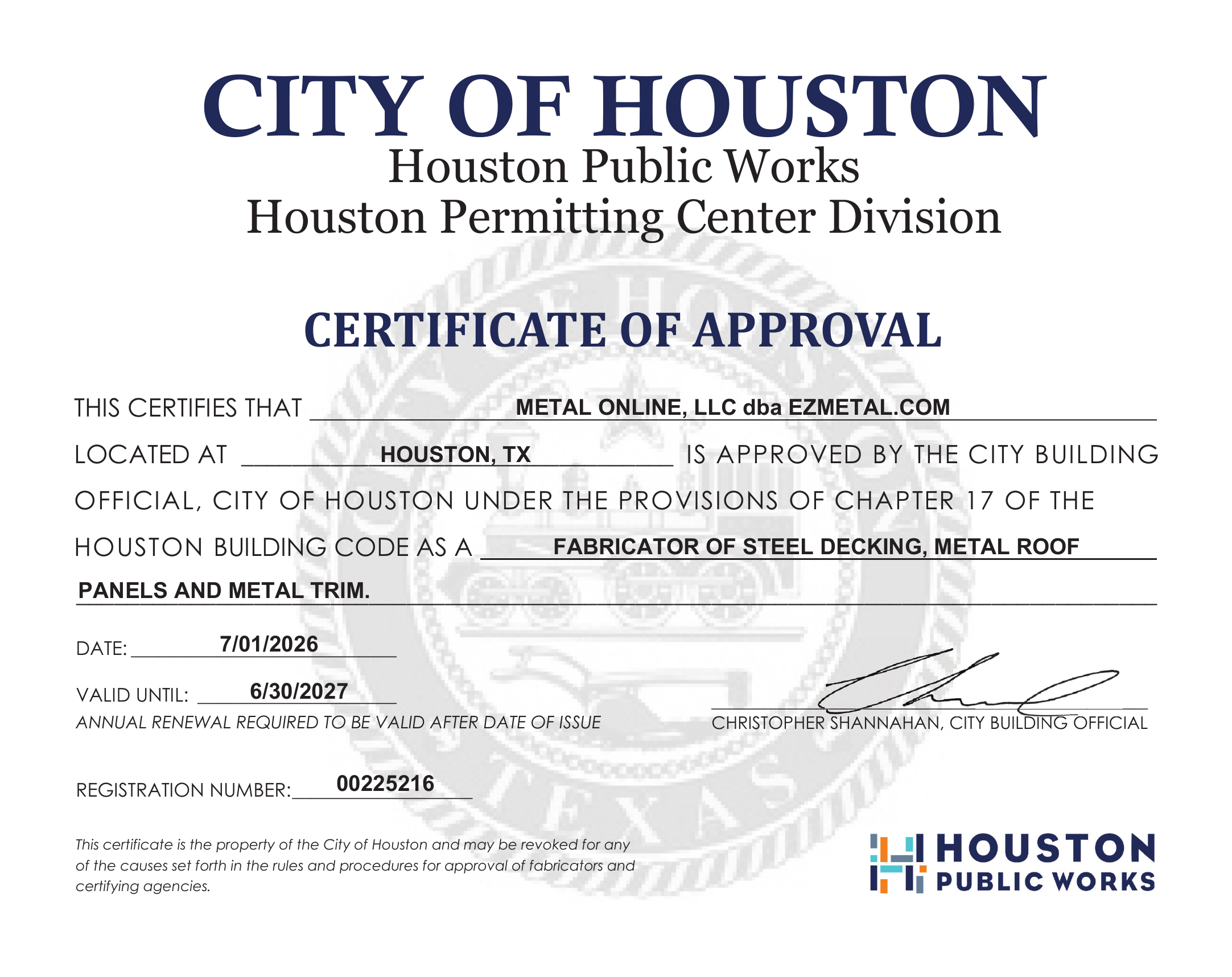 City of Houston Certificate of Approval for Metal Online, LLC dba ezMetal.com, registration number 00225216, valid July 1, 2026 through June 30, 2027