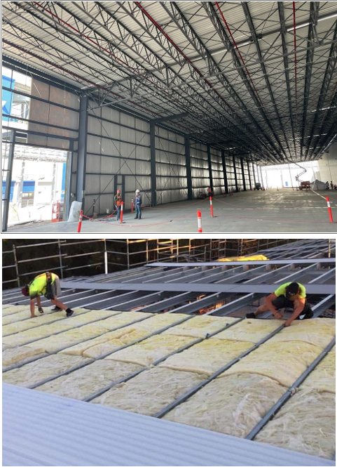 Insulation installed on a metal building roof and walls